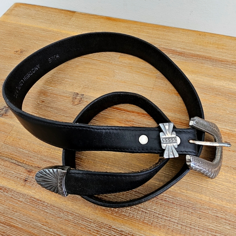 ANOTHER LINE Vintage Black Leather Belt, Silver Hardware - Size 38